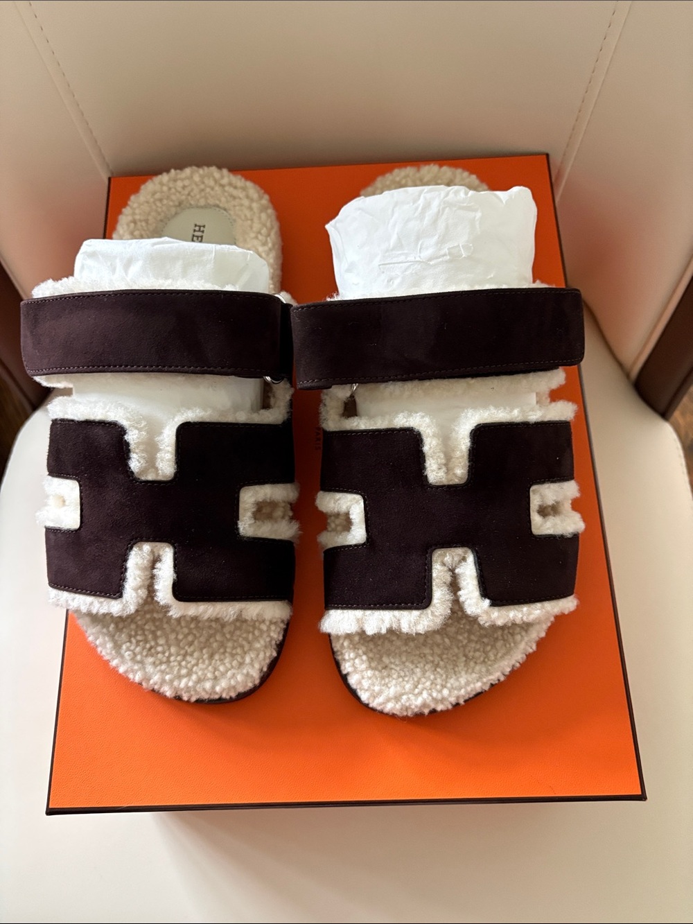 Hermes Chypre  Brown Suede Shearling Slide Sandals with Cream Lining